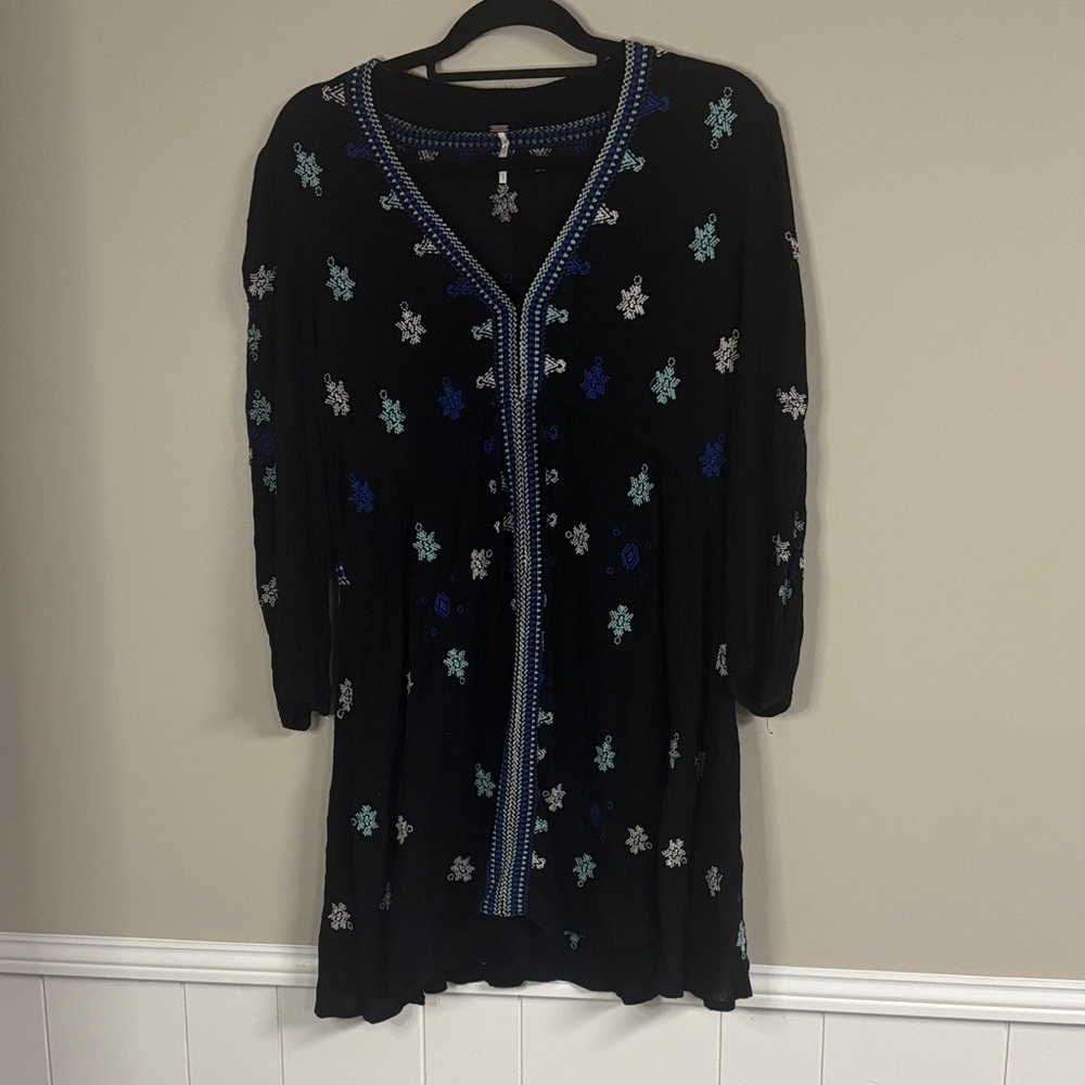 Free People Black Dress with Blue and White Embroidery